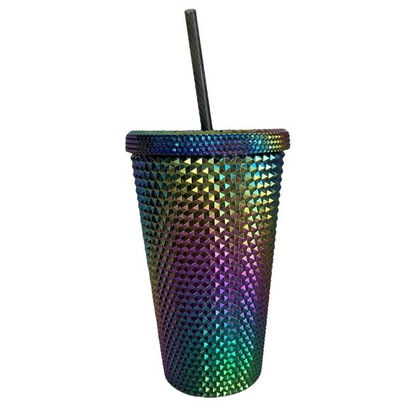 NWT Starbucks OIL SLICK Cold Cup Grande BLACK BLING Tumbler Rainbow Studded 2023 - Picture 2 of 4